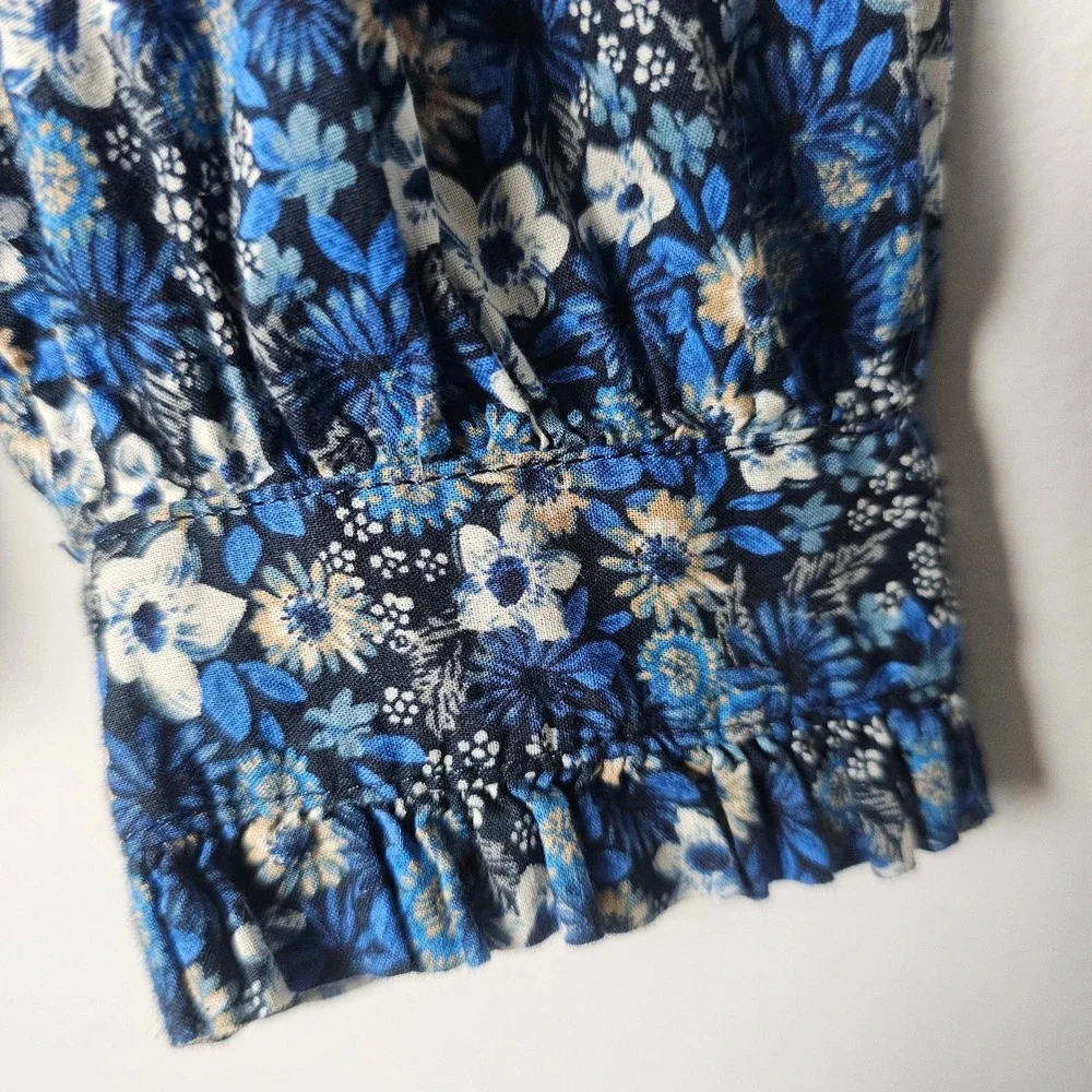 Talbots‎ Floral Pintuck Blouse Womens L Blue 100% Cotton Boho Cottagecore Spring